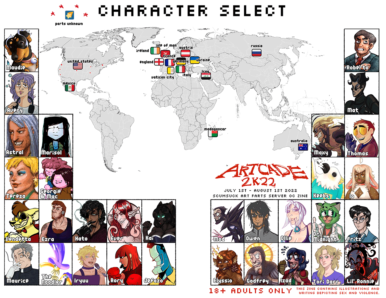 parody of a street fighter character select, featuring characters from people who participated Artcade 2022.  the character portraits surround a world map with flags signifiying where the character's from.