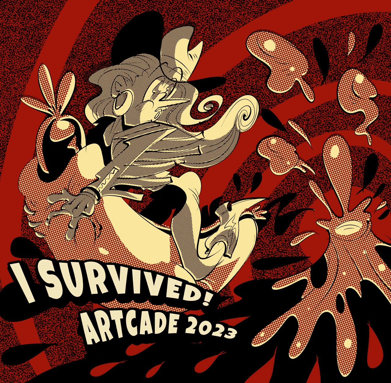 illustration of angus riding a sloppy weenie away from an erupting volcano.  The text reads: I survived!  Artcade 2023