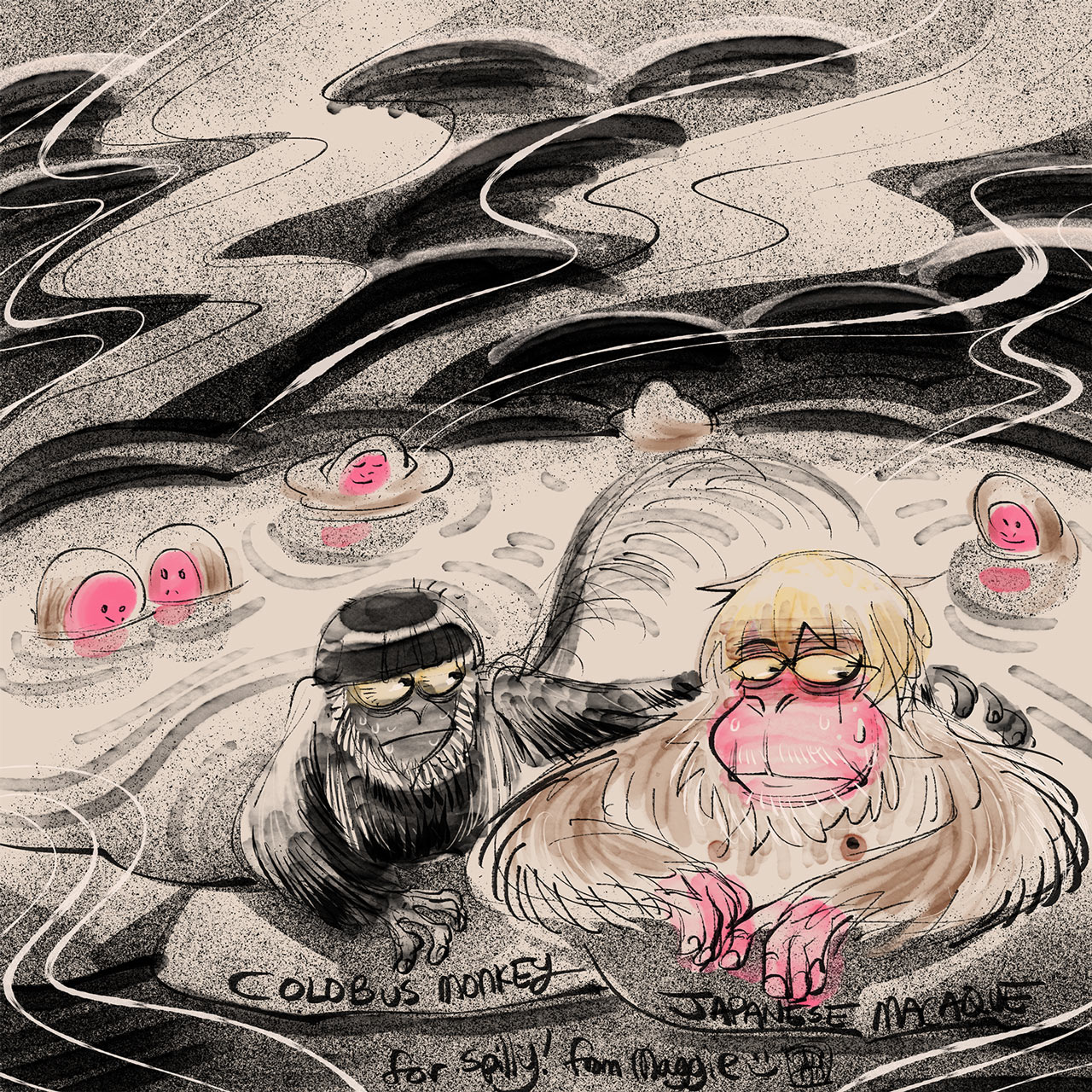 A drawing of monkeys chilling inside an onsen. One is a Colobus Monkey, black with a white beard, a long hairy tail, and bowl cut-like hair shape. The other is a Japanese Macaque, gold with bright pink skin. The Colobus monkey wraps one long arm around the macaque, which the other eyes wearily. Behind them is a bunch of other macaques enjoying the hot water. I stole this alt text from Spilly :D