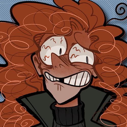 A red curly haired young woman with a nervous gap toothed smile