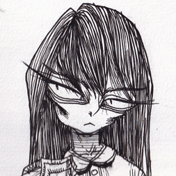 Pre-teen girl with dead expression, gaunt face and long black hair