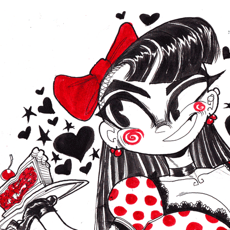 A smiling woman with long black hair, shiny curled 50's pinup bangs, and a large cartoon bow in her hair