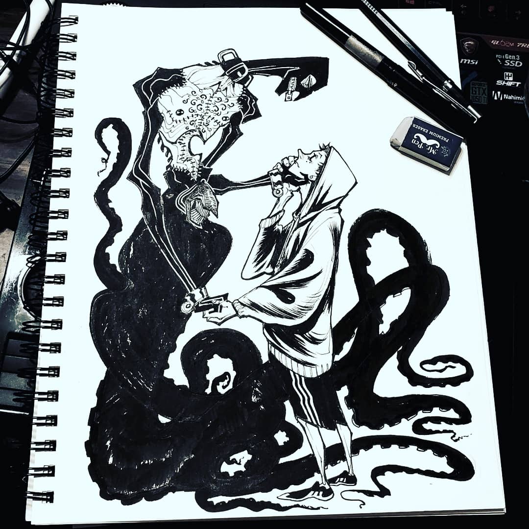 illustration of a creature with a man's torso, latex mask, and tentacles for legs holding the head of a young man in a hoodie