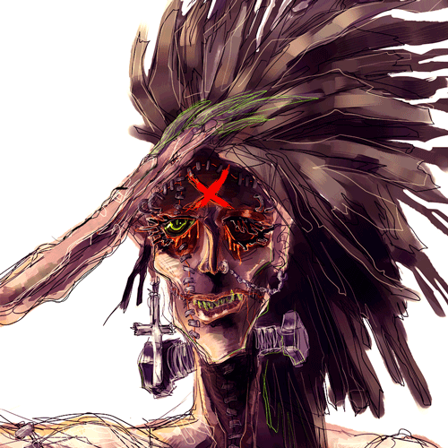 zombie with black mohawk and scars on face