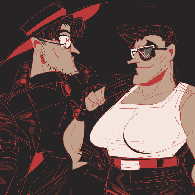 Burly man and woman dressed in leather gear