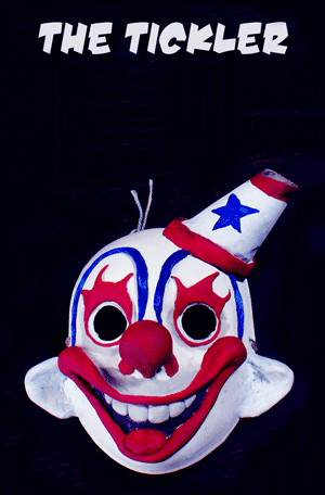 tickler cover art: clown mask on black background