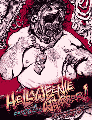 whorror zine cover: black and red drawing of Leatherface with huge tids