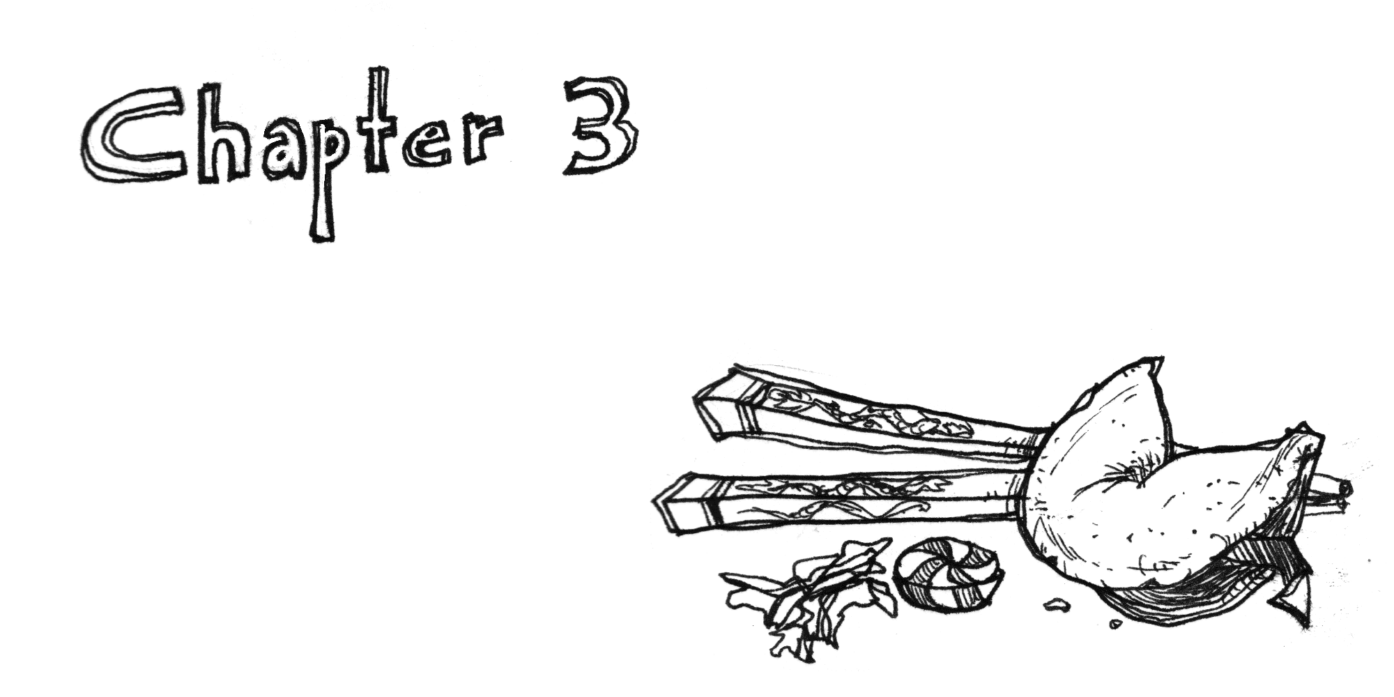 Chapter 3 intertitle!  An illustration of chopsticks, a fortune cookie, and an unwrapped peppermint candy.