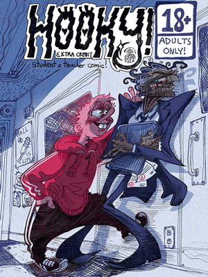 The cover of my comic HOOKY!  Featuring a small pink man kabedon-ing an older blue man against school lockers.