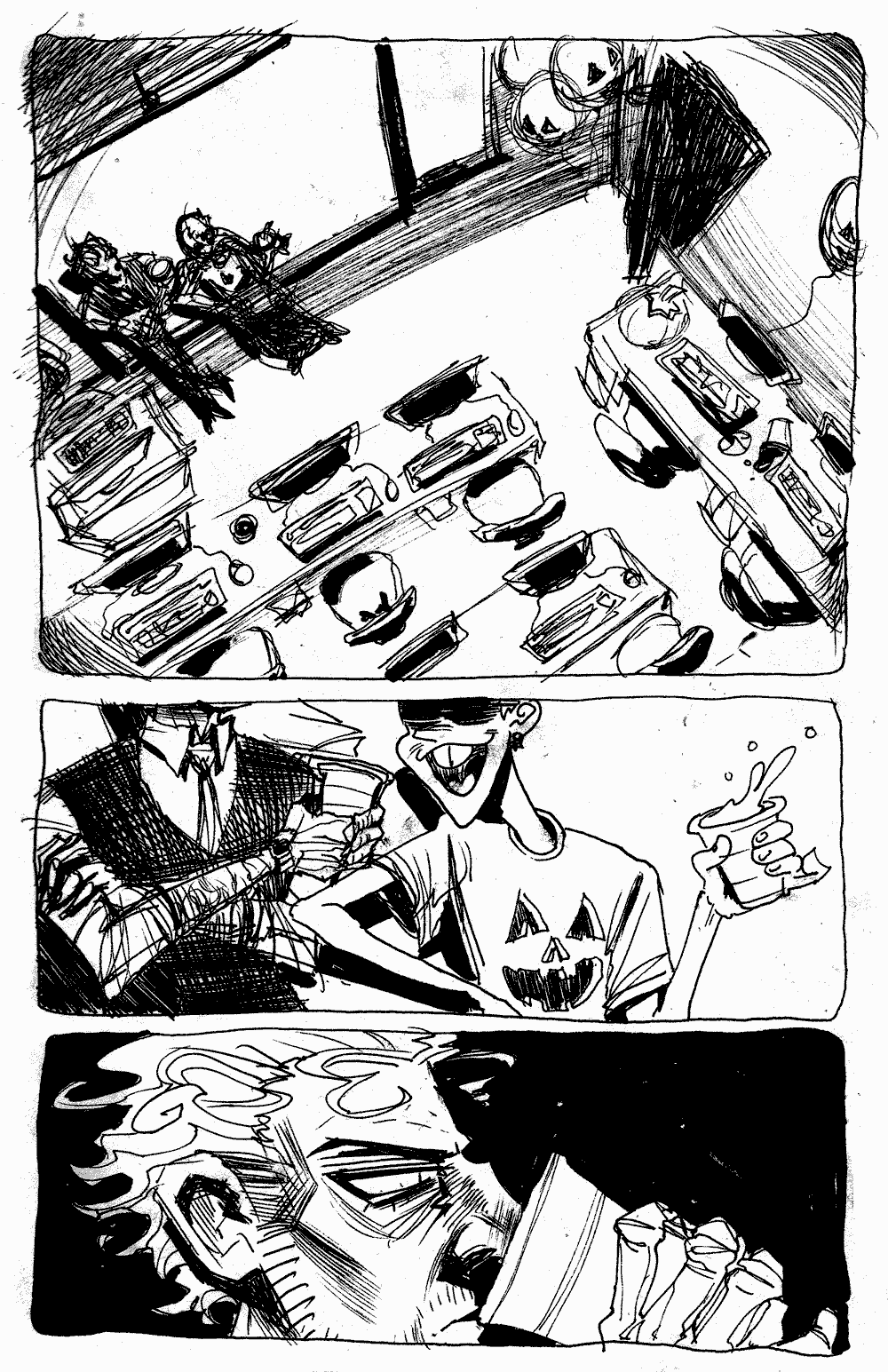 Page 1 - View from above of our main characters.  Smaller man smiles and nudges older man.  Older man drinks his booze grumpily.
