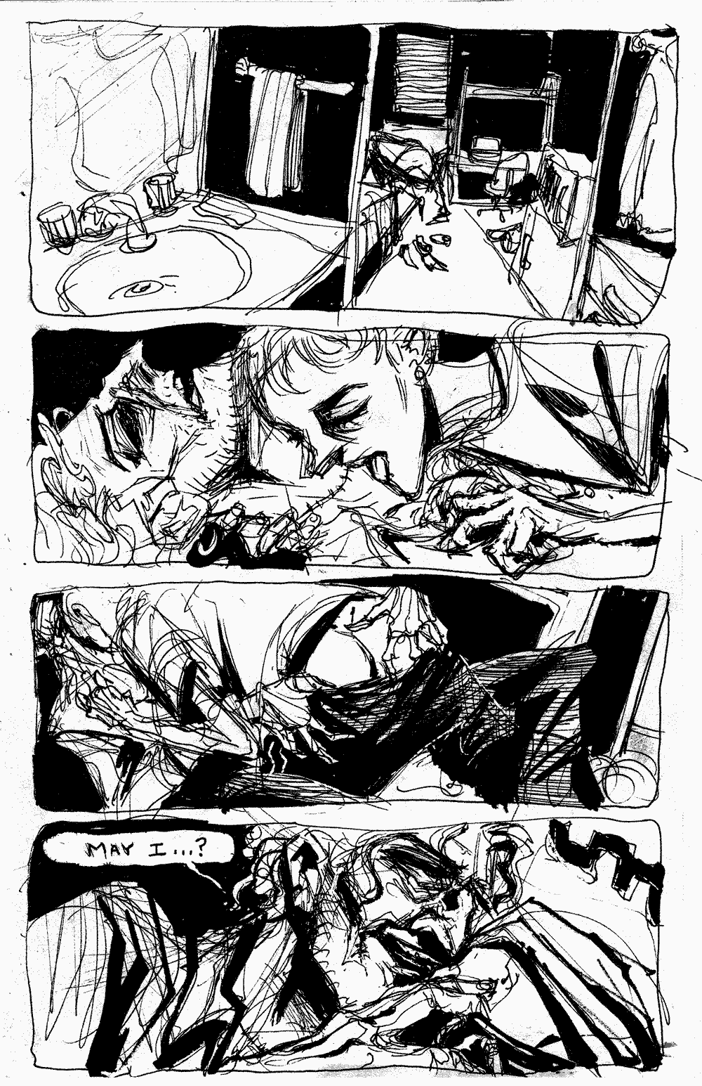 Page 3 - A view of the messy and cramped dorm room.  Smaller man kisses and sucks on older man's neck, revealing the old man's neck scars.  Older man pulls down small man's pants.  Old man asks, 'May I?' as he reaches for the front of small man's pants.