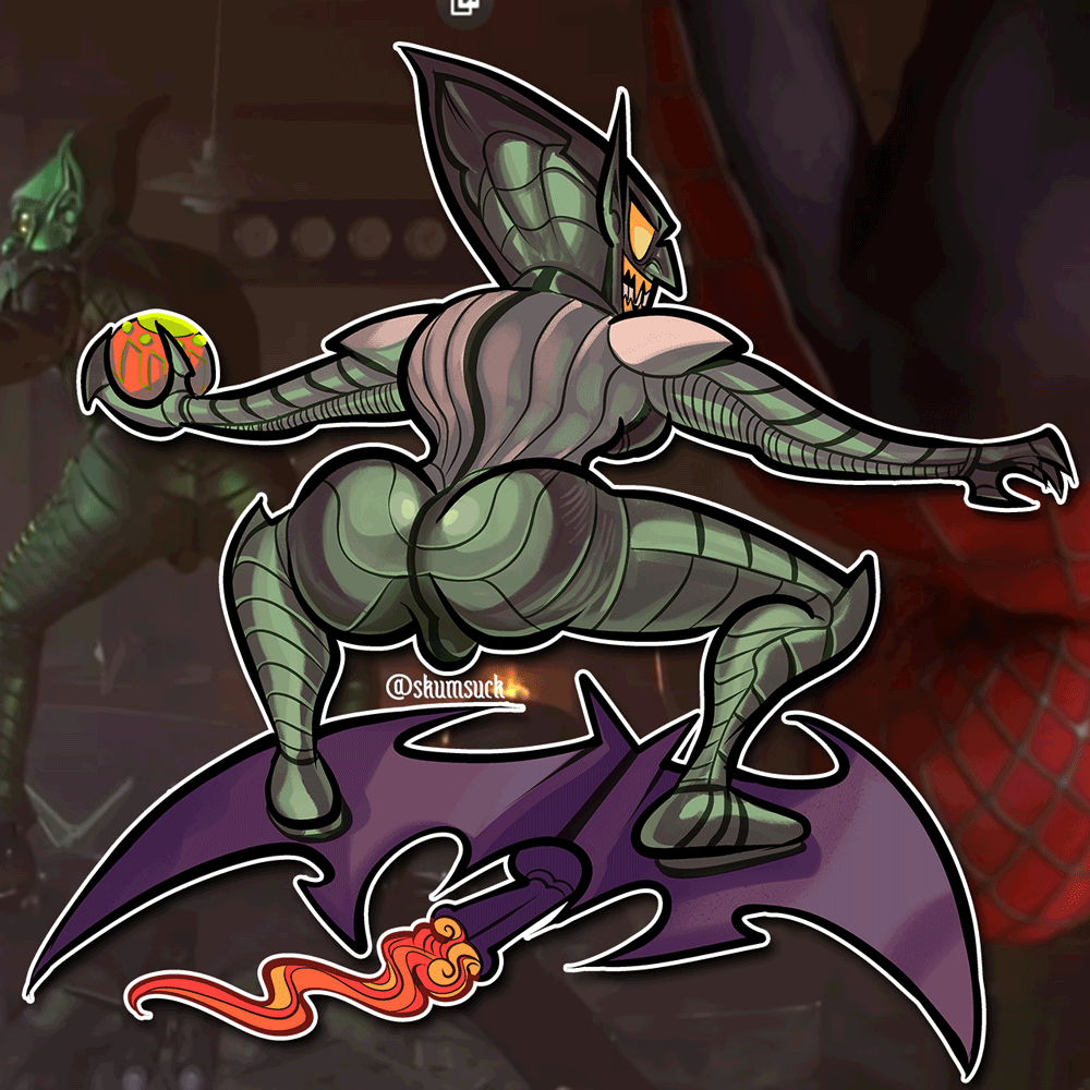 illustration of willem dafoe's green goblin with his butt pointing towards the camera