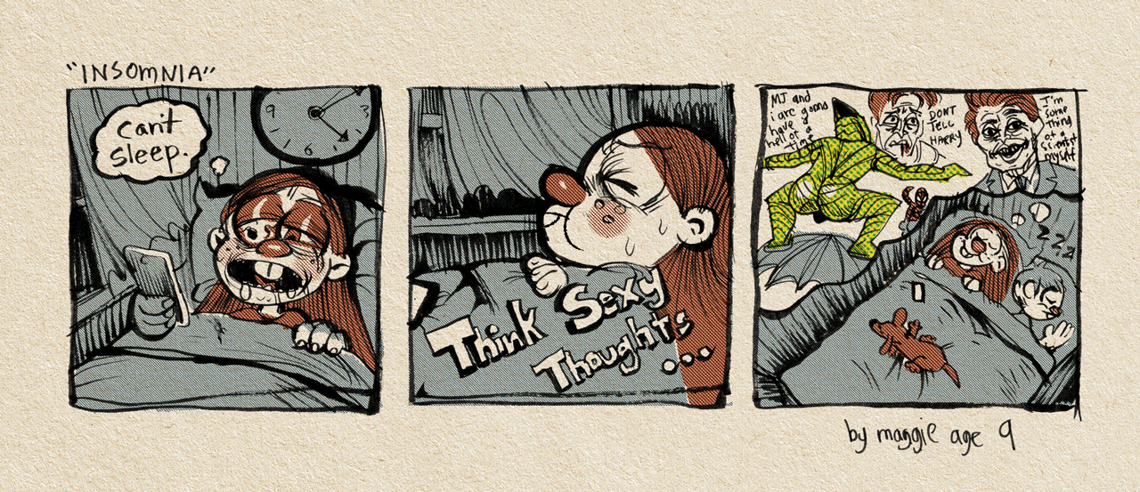 3 panel comic.  First panel: person trying to sleep but looking at phone, thinking can't sleep.  Second panel: Closed eyes, thinking Think Sexy Thoughts.  Third panel, thought bubble filled with images of Willem Dafoe as the Green Goblin, cheeks out.