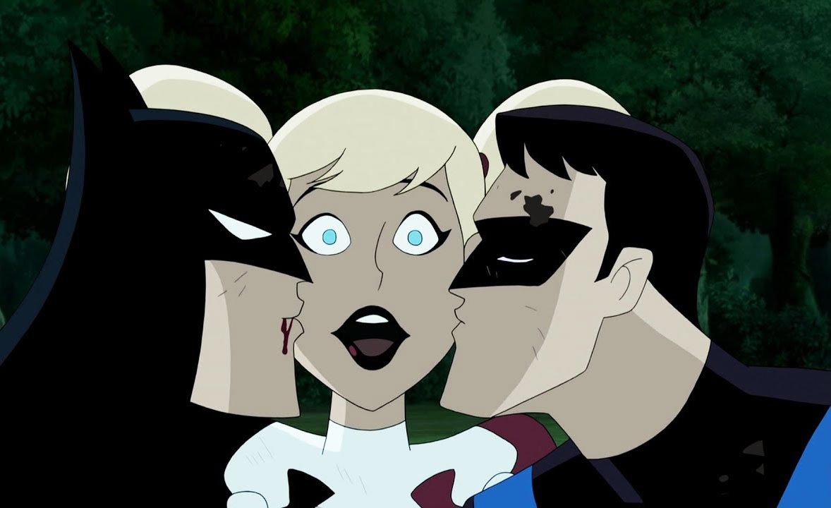 batman and nightwing kissing a surprised harley quinn