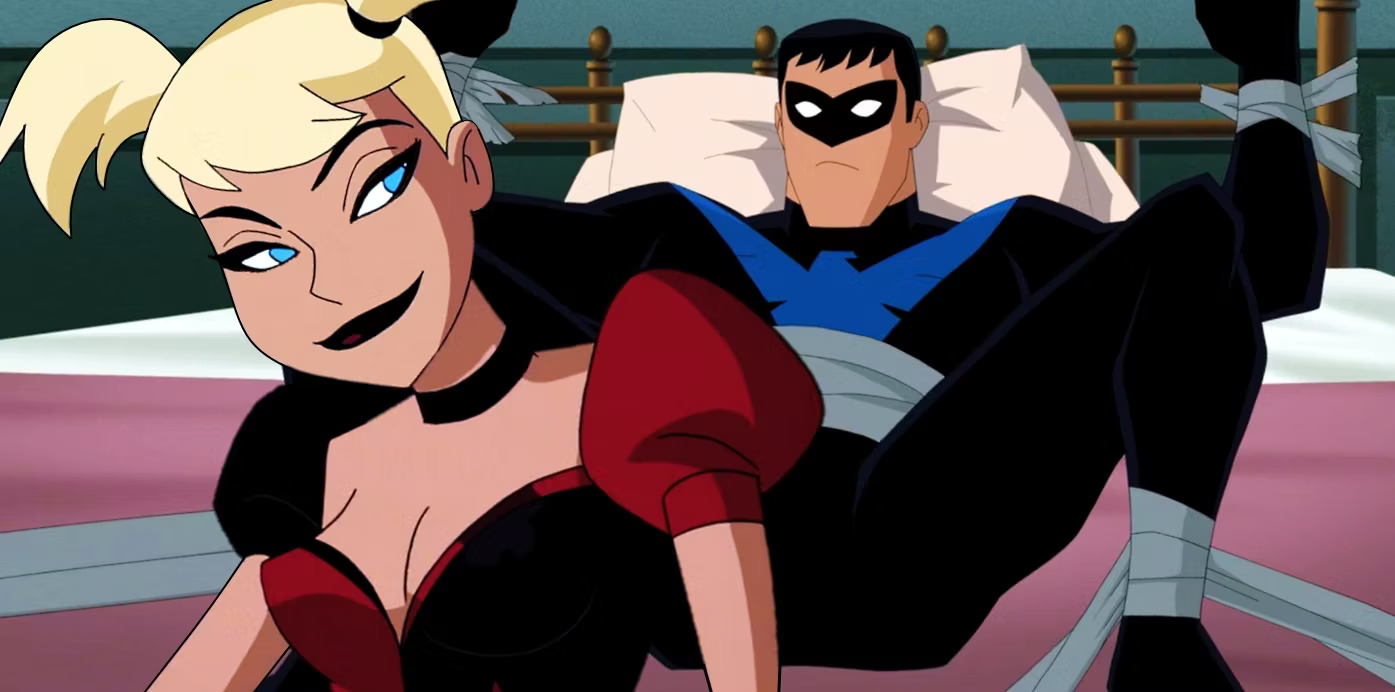 harley quinn has nightwing tied up in her bed and is Scheming