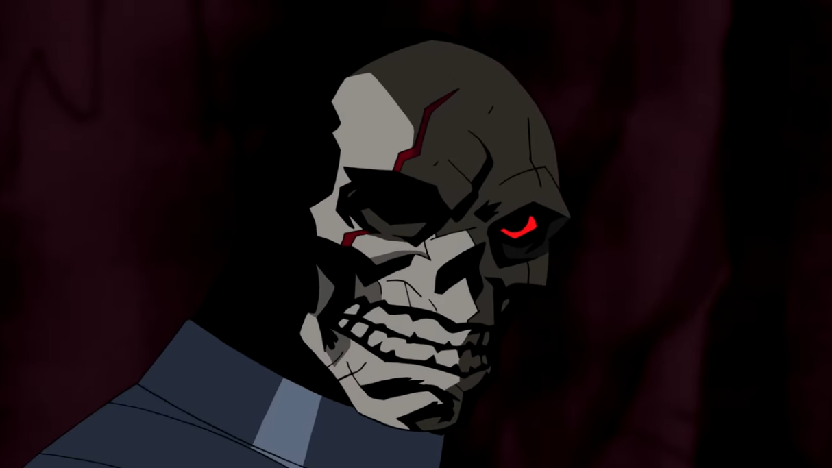 Slade without a mask, his face is a skull and red eye as well as scar over his missing eye