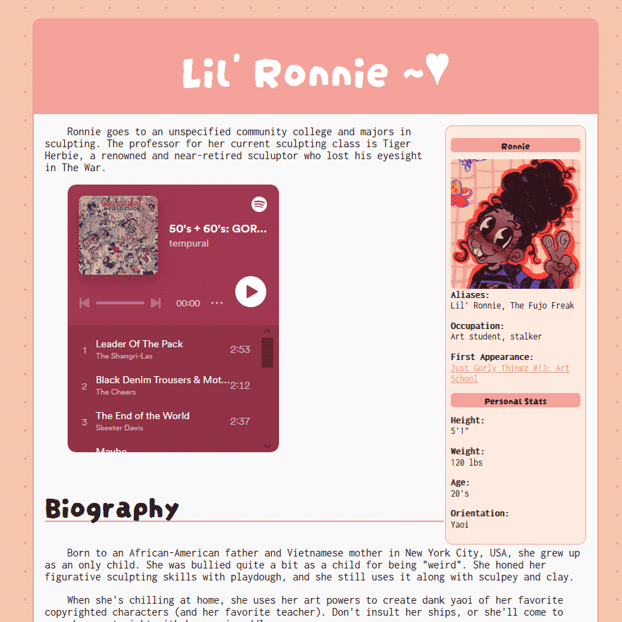 screenshot of my character page template