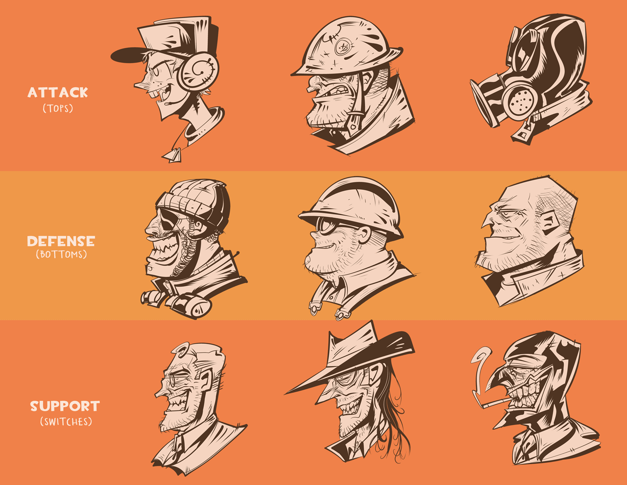 headshot drawings of all the TF2 classes
