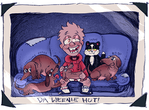 illustration of a man and his four dachshunds and one cat